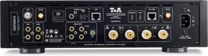 Černý síťový audio přehrávač T+A Symphonia, pohled zezadu s pozlacenými konektory RCA, porty HDMI, USB a Ethernet
