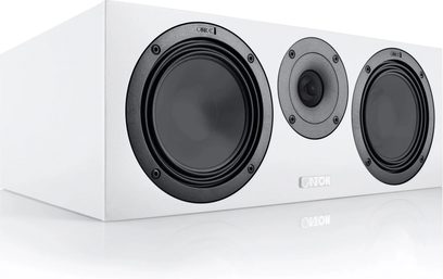 Hvid Canton GLE 50 Center S2 hi-fi centerhøjttaler, front med tre sorte drivere set i trekvart profil