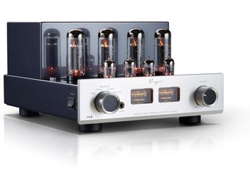 Amplificateur intégré stéréo à tubes Cayin Jazz 80 EL34, châssis métallique noir et façade aluminium argent brossé vue de trois-quarts avant gauche, doté de deux gros potentiomètres circulaires, de deux vu-mètres rétroéclairés et de six lampes à vide apparentes