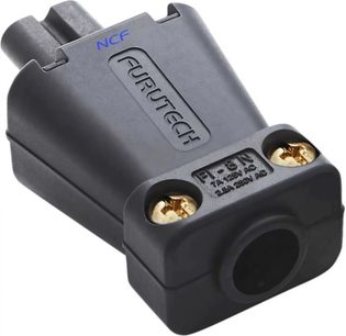 Furutech FI-8N NCF R sort strømadapter, set forfra med gyldne skruer og rund indgang