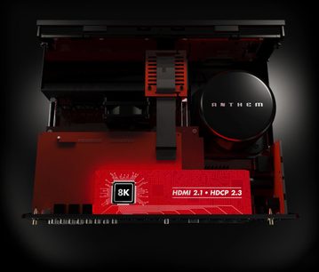 Předzesilovač pro domácí kino Anthem AVM 70 8K, pohled zepředu, černý a červený rám, zobrazuje "HDMI 2.1 • HDCP 2.3", tlačítko "8K"