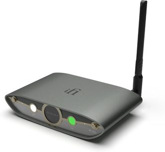 Síťový audio přehrávač iFi Audio Zen Stream 3 v kompaktní šedé barvě, čelní panel s kulatými kontrolkami, s vertikální Wi‑Fi anténou na zadní straně