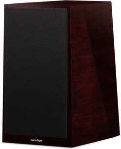 Paradigm Founder 40B bookshelf speaker in dark cherry wood, front view, black cabinet and dark wood front