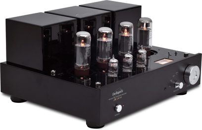 Line Magnetic LM-34IA sort rørforstærker, frontvisning, 6 synlige rør, 3 drejeknopper, stik på bagsiden