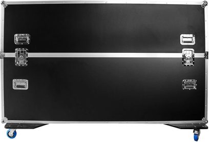 Svart flightcase for skjerm Power Acoustics Flight Ecran 75/85, med sølvfargede kanter, håndtak, låser og hjul
