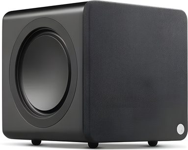 Cambridge Audio MSX Sub 200 žemųjų dažnių garsiakalbis, juodas, vaizdas iš trijų ketvirčių kampo su medžiaginiu tinkleliu ir šoniniu garsiakalbiu