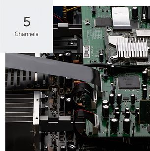 Indvendigt syn af en sort Denon AVC-S660H-forstærker, der viser de grønne printplader med talrige elektroniske komponenter