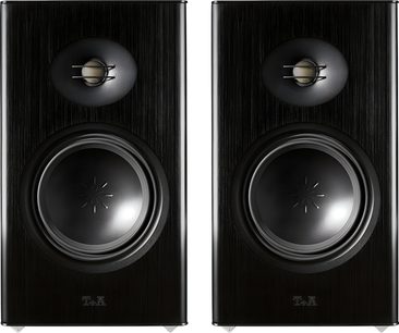 Paar schwarze T+A Talis R 330 Regallautsprecher, von vorne gesehen, mit geriffelten Fronten und sichtbaren Lautsprecherchassis