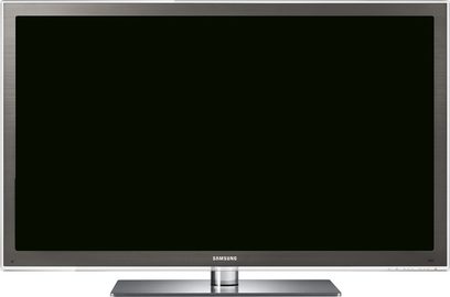 Samsung PS50C7700 højdefinitions-fladskærms-TV, sort rektangulær flad skærm slukket, sølvfarvet ramme, på metalstativ