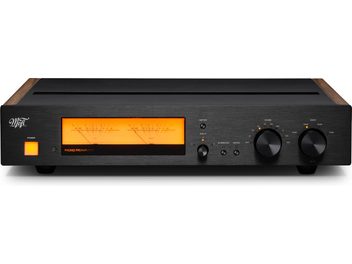 Phono-Vorverstärker Mofi Electronics MasterPhono Walnuss, schwarze Front, doppeltes orangefarbenes VU-Meter und Holzseitenwangen