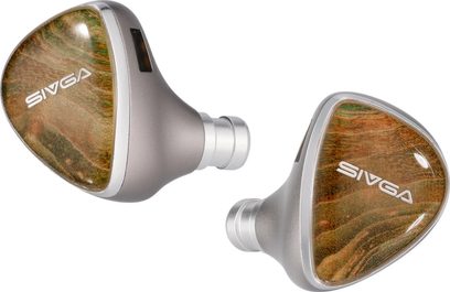 Zilvergrijze Sivga Lyrebird in-ear oordopjes, bruin en groen geaderde frontjes met Sivga-logo