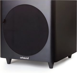 ArtSound AS-A80.2 siyah subwoofer, kompakt kübik formda, önde geniş yuvarlak ızgaralı, dört ayak üzerine yerleştirilmiş