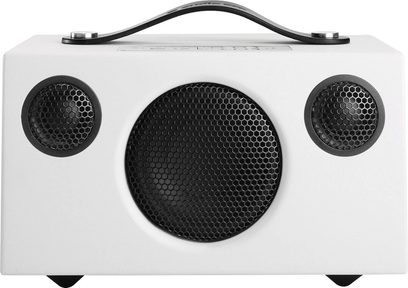 ADDON C3 hvit Audio Pro høyttaler, forfra, med avrundet rektangulær form, 3 svarte runde høyttalerelementer på hvit bakgrunn