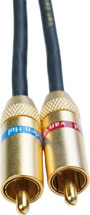 Kabel audio RCA Van den Hul The D-501 Hybrid, zbliżenie na dwa złocone męskie złącza w kolorze czerwonym i niebieskim