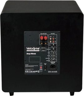 Juodos spalvos Velodyne Deep Waves žemadažnis garsiakalbis iš galinės pusės, jungčių skydelis su gnybtais ir valdikliais