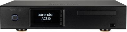 Aurender ACS10 hi-fi-cd-afspiller i sort, set forfra med central skærm og diskskuffe til højre