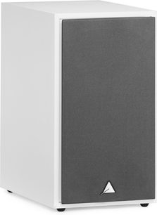 Enceinte bibliothèque Triangle Borea BR02 blanc, vue de face, caisson blanc, grille noire, logo Triangle blanc en bas à droite