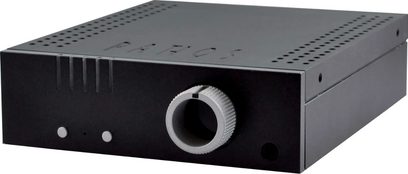 Svart Pathos Converto MK2 ljud-DAC-omvandlare, rektangulärt svart hölje med perforerad front och silverfärgad vridknapp