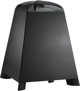 JBL Studio 140P sort mat subwoofer, 3/4 forvisning fra højre, afrundet trapezformet design, tekstureret plastik