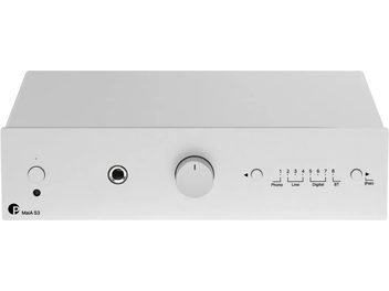 Pro-Ject MaiA S3 integrated stereo amplifier silver, silver front panel with headphone jack, central knob and source selectors