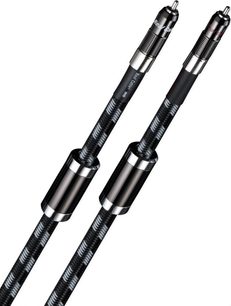 Dva črna avdio kabla RCA Real Cable CA Reflex 1m s kromiranimi moškimi RCA konektorji, pogled od spredaj