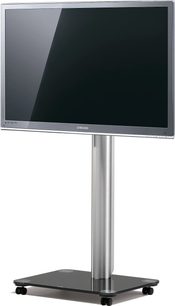 Samsung TV-møbel på fod i børstet metal med flad, rektangulær, sort skærm, rektangulær sort base og cylindrisk, sølvfarvet midtersøjle