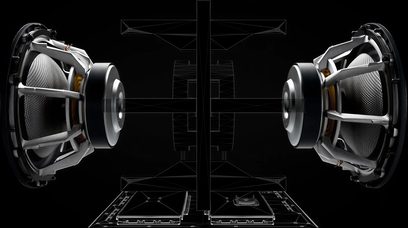 Bowers & Wilkins DB2D satengblankt bassreflekshøyttalerhus, teknisk eksplodert visning, front- og bakside, høyttalere, forsterker