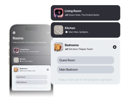 Gümüş renkli akıllı telefonda koyu arayüz, cam ekran, yuvarlatılmış Living Room, Kitchen ve Bedrooms kartları