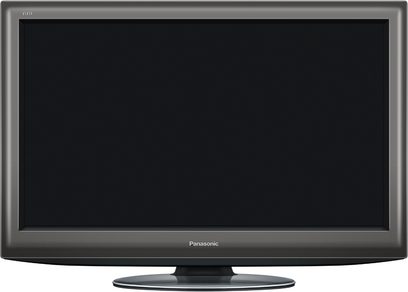 Panasonic Viera Flachbildfernseher, rechteckiger schwarzer Bildschirm, dunkelgrauer Rahmen, ovale graue Standfläche