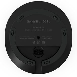Boxă wireless Sonos Era 100 SL neagră, vedere de dedesubt, bază circulară cu picior central și conectori de alimentare