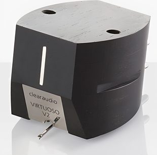 Cellula fonorivelatore per giradischi ClearAudio Virtuoso v2 nera ottagonale in legno, due fori rotondi, etichetta bianca