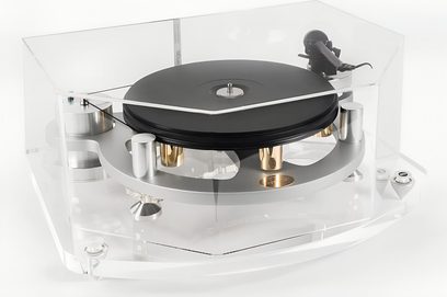 Circular transparent Michell Engineering SEcure Cover for turntable, with black tonearm and silver feet