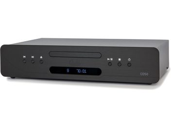 CD50 Evolution -soitin musta, etunäkymä, suorakulmainen kotelo, keskellä digitaalinen näyttö, 6 pyöreää painiketta, CD-aukko