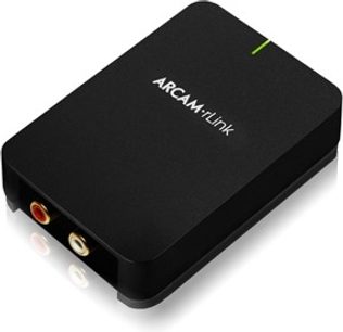 Arcam rLink sort audio DAC-konverter, set oppefra, hvidt "ARCAM rLink"-logo på toppen, 2 forgyldte RCA-stik på bagsiden