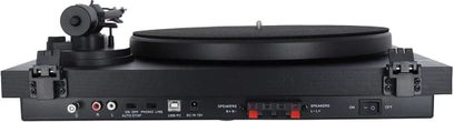 Hi-fi pladespiller Enova HIFI Vision 2 SET sort, set forfra, sort pladedrev, tonarm, knapper og tilslutninger på bagsiden