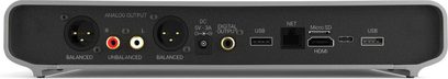 Primo V2 -verkkosoitin, takanäkymä, analogiset ja digitaaliset ääniliitännät, USB-, HDMI-, Ethernet- ja Micro SD -portit