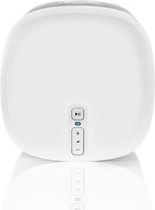 Altavoz inalámbrico conectado Sonos Play:1 blanco, vista frontal, forma cilíndrica redondeada, dos botones en la parte superior