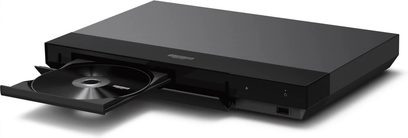 Sony UBP-X700K 4K Blu-ray-afspiller sort med åben diskbakke, perspektivvisning, synlige knapper og porte