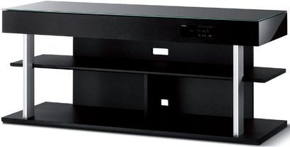 Blankt sort 3-niveaus TV-møbel med åbne og lukkede hylder i glas og metal i moderne stil