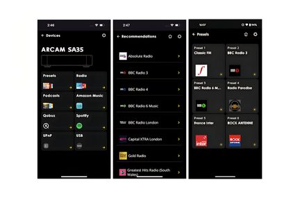 Three screenshots of a dark-themed audio app on a smartphone, front view, ARCAM SA35 menus, recommendations, and presets