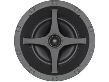 Sonance C6R iebūvējamā skaļruņa priekšējais skats, ar melnu matētu apaļu režģi un centrālo logo, ar 6 redzamām skrūvēm apkārt malām
