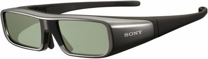 Černé aktivní 3D brýle Sony TDG-BR100B, pohled z tříčtvrtečního úhlu zepředu, sklopené nožičky, zeleně tónovaná skla