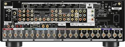 Denon AVR-X6400H sort hjemmebiografsforstærker, set forfra, med mange stik og knapper på forsiden, LED-display i midten