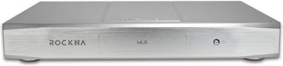 Rockna Wavelight Server network audio player in silver, compact rectangular brushed aluminum housing, sleek front panel, central display