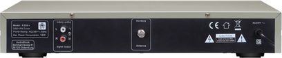 Tunerblok R-250 i metallisk grå metal, bagsidevisning, sort panel med røde og hvide RCA-udgange til venstre, centreret koaksial antenneforbindelse og netledning til højre