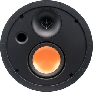 Schwarzer Klipsch SLM-5400-C Decken-Einbaulautsprecher, Frontansicht mit orangefarbenem Lautsprecher und zentralem Hochtöner