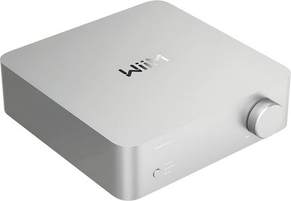 Amplificatore hi-fi integrato WiiM Vibelink Amp argento, custodia in metallo, grande pulsante del volume a destra, spie sul frontale, vista 3/4 anteriore