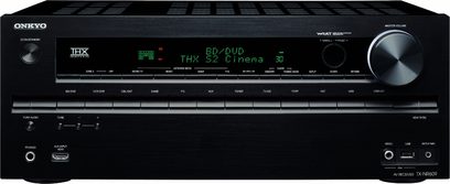 Onkyo TX-NR609 sort home cinema-forstærker, front, set forfra, grønt display "BD/DVD THX S2 Cinema 3D"