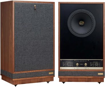 Diffusori da pavimento Fyne Audio Classic XII, cabinet in legno di noce, frontale nero con grande altoparlante, griglia grigia, manopole
