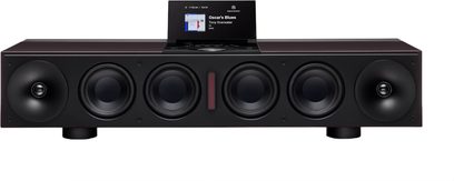 Primare Allt-i-Ett alles-in-één hifi-systeem in zwart metaal, frontaanzicht, 5 frontluidsprekers en opgeklapt scherm